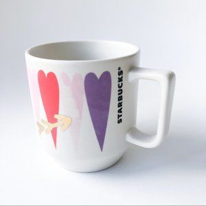 STARBUCKS White Valentines Coffee Mug with Hearts & Gold Arrow 2016 Collection